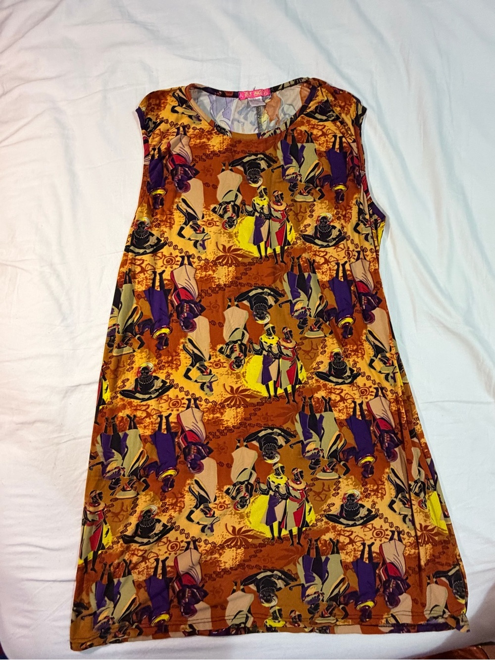 Vintage-Inspired Sleeveless Print Dress in Burnt Orange & Purple